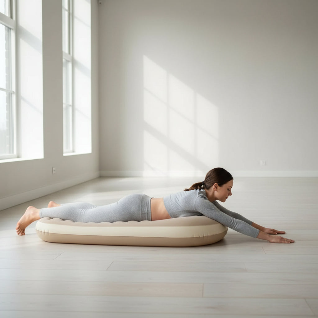 femme enceinte allongee salle yoga coussin de grossesse gonflable beige