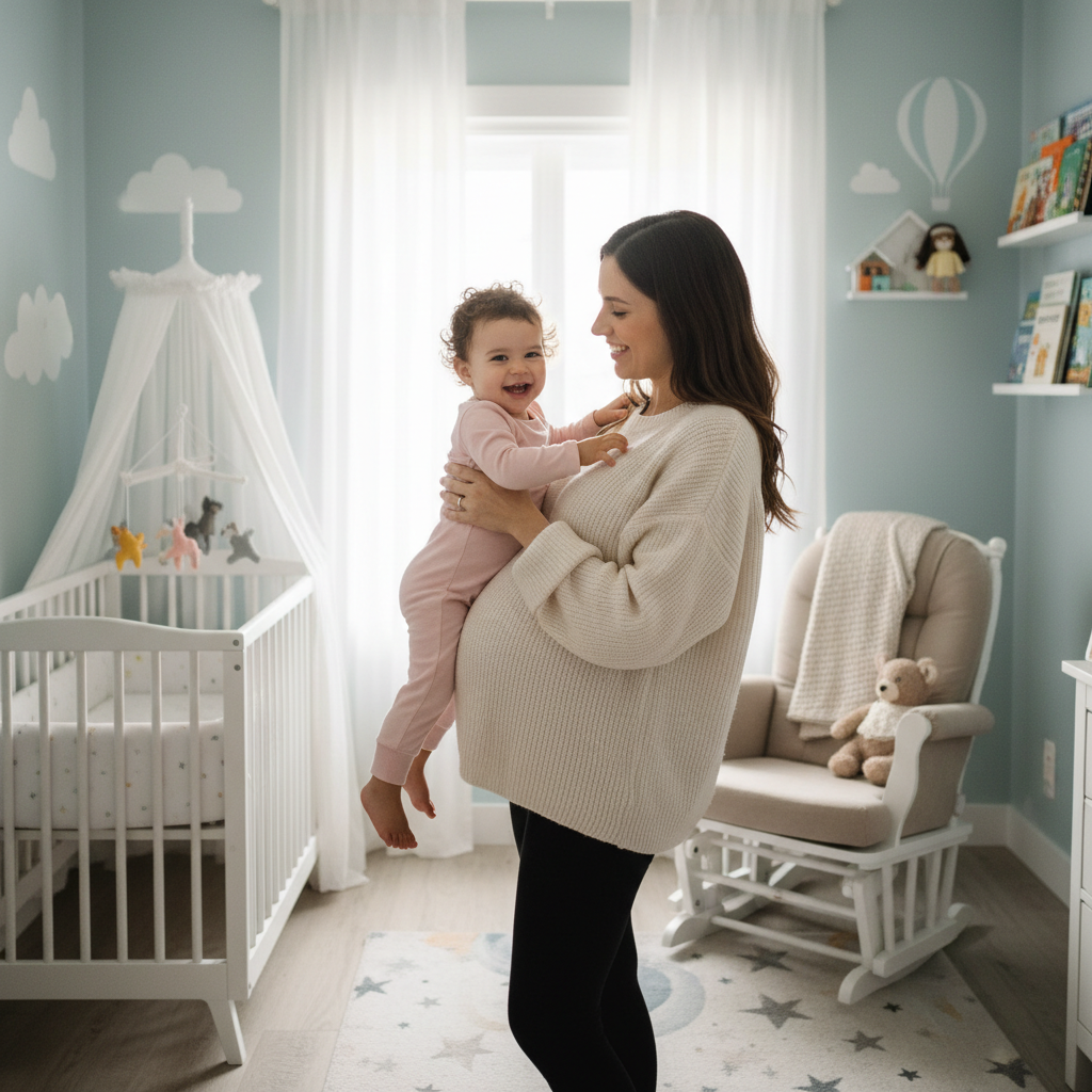 femme enceinte dans chambre de bebe tenant bebe fille 2 ans portant legging grossessenoir