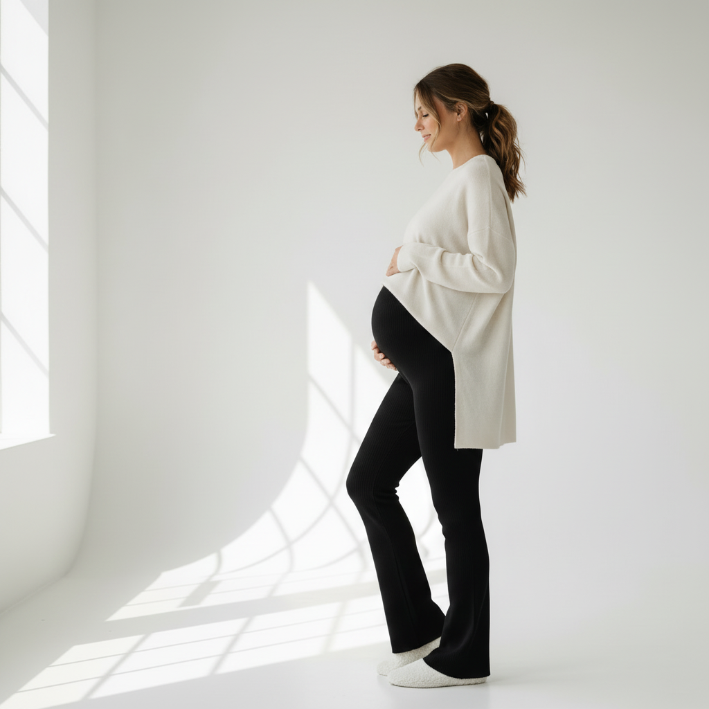 femme enceinte epanoui dans legging de grossesse evase noir