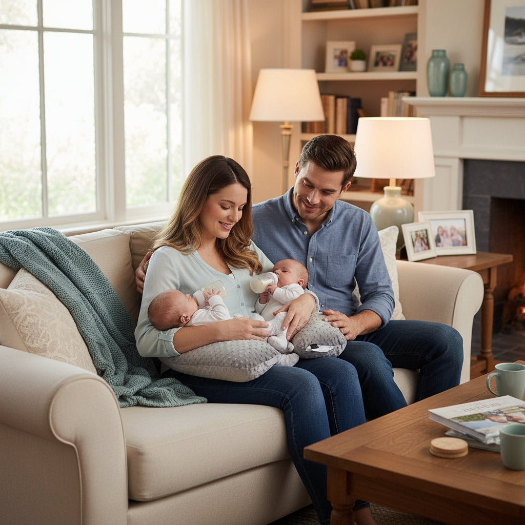 maman canape mari a cote donne biberon bebes jumeaux coussin allaitement gris