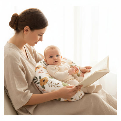 bebe asssis coussin allaitement mere lisant livre 