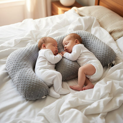 bebe jumeaux dormant coussin allaitement gris dans lit 