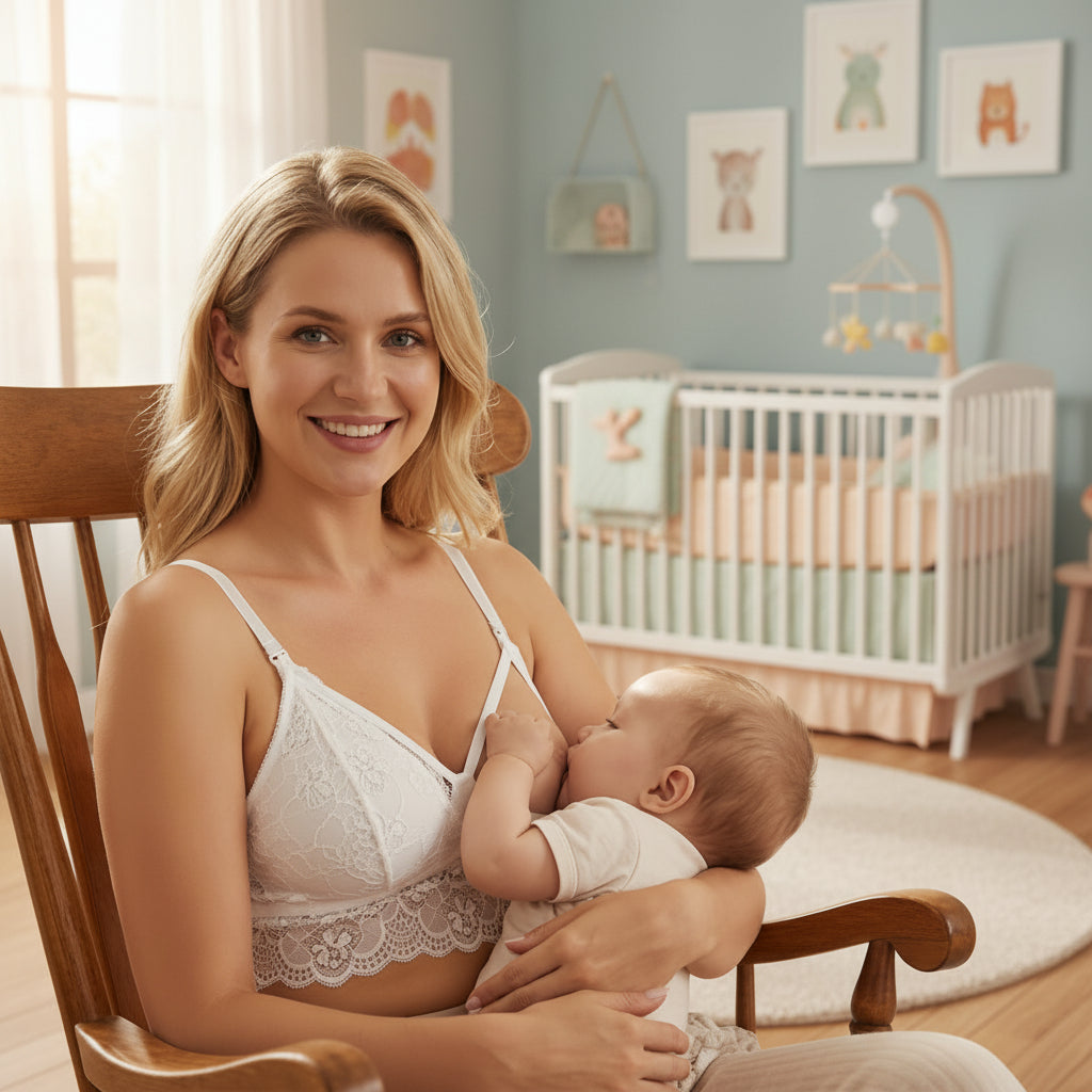 femme allaite bebe assise sur chaisse a portant soutien-gorge allaitement blanc