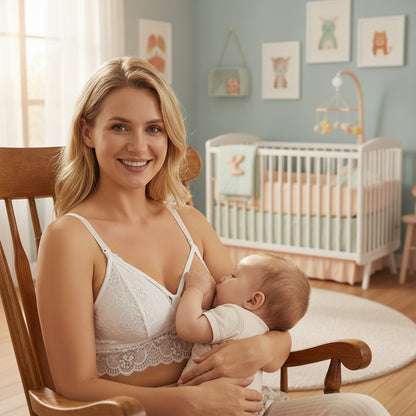 femme allaite bebe assise sur chaisse a portant soutien-gorge allaitement blanc