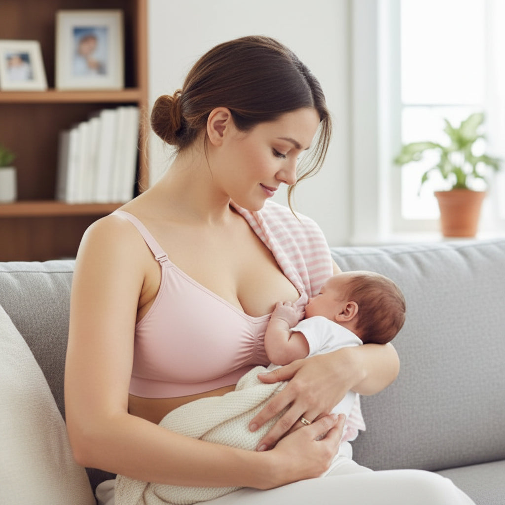 femme allaite bebe porte soutiens gorge d'allaitement rose