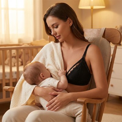 femme assise chaise allaite bebe soutien gorge d'allaitement 