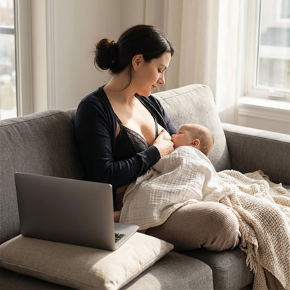 femme assise sur canape allaite son bebe a cote d'un ordinateur soutien gorge d'allaitement 