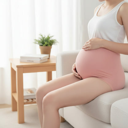 femme assisse sur un lit portant culotte grossesse rose
