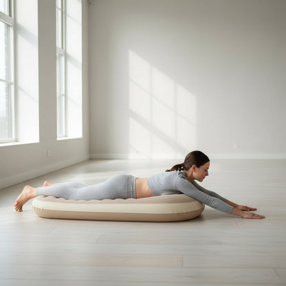 femme enceinte allongee salle yoga coussin de grossesse gonflable beige