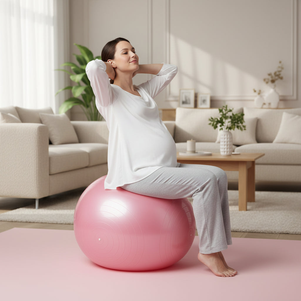 femme-enceinte-assisse-ballon-pour-grossesse-rose-pvc