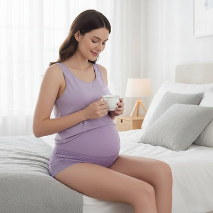 femme enceinte assisse sur un lit portant culotte grossesse violet
