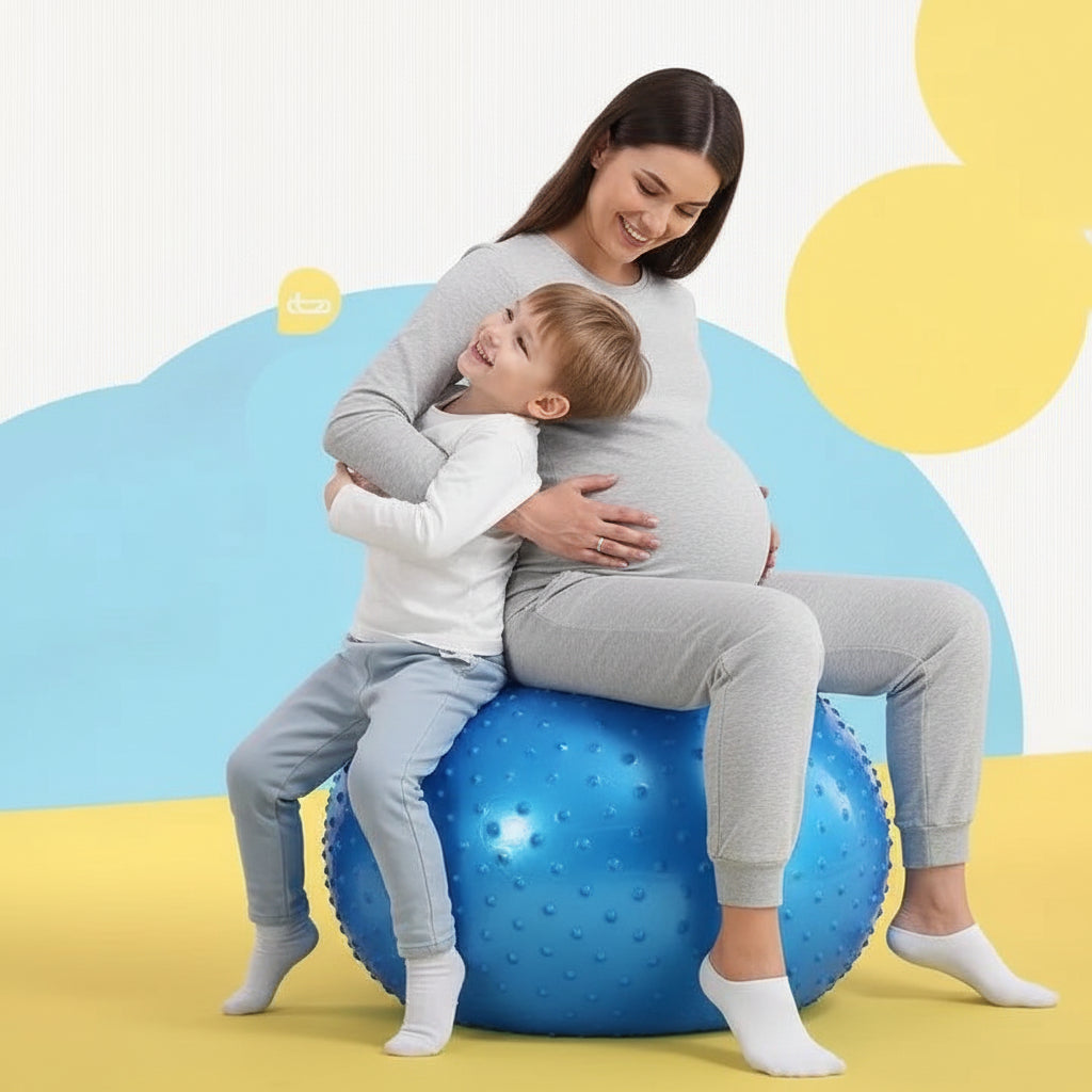 femme enceinte avec son petit garcon faisant exercices praparation accouchement sur un ballon de grossesse bleu 