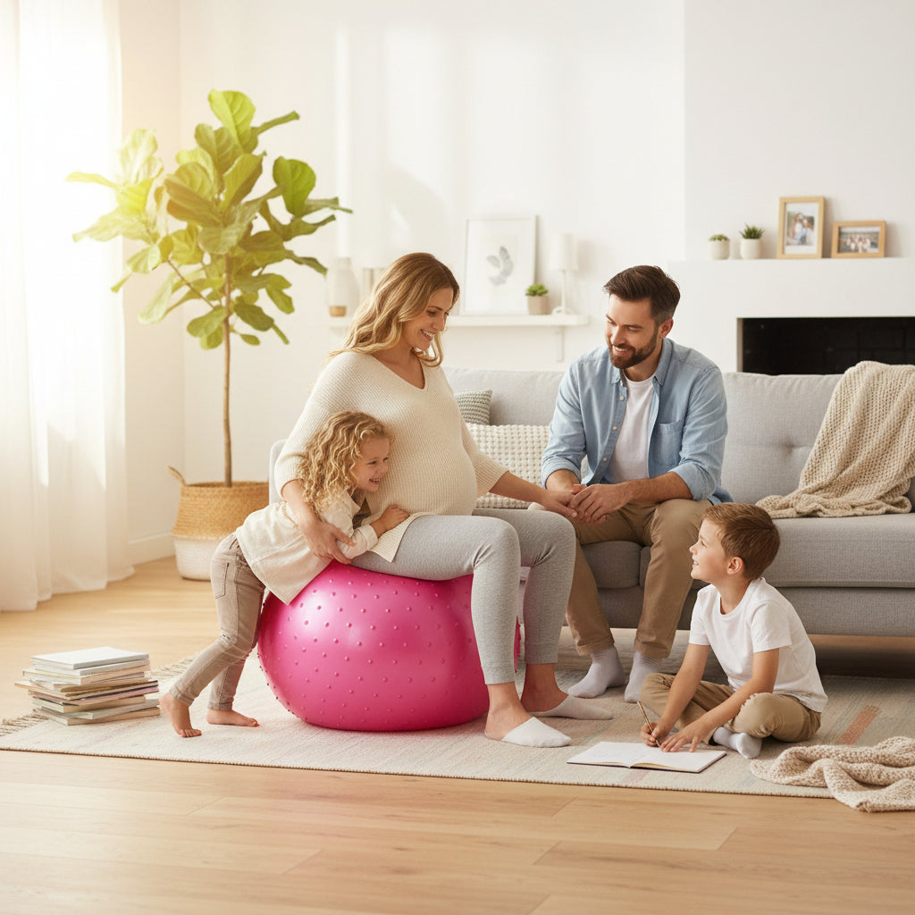 femme enceinte confortablement assise ballon grossesse rose pvc famille