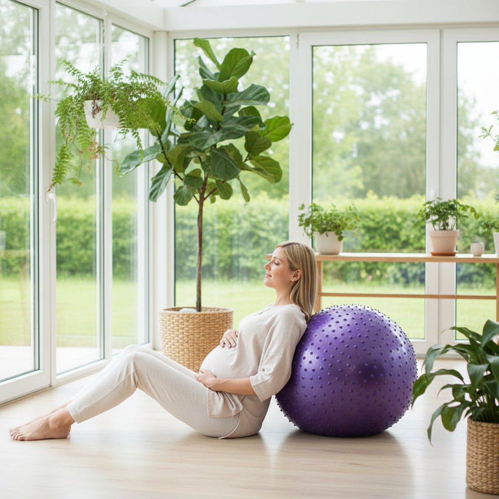 femme enceinte couchee dos contre ballon de grossesse violet veranda