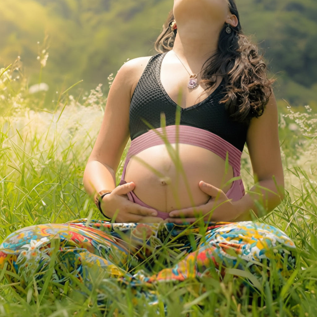 femme enceinte dans jardin portant ceinture de grossesse rose
