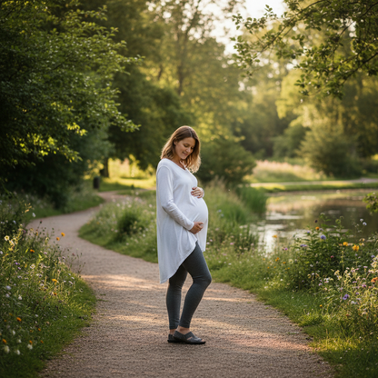 femme enceinte dans parc en leggings de grossesse gris avec chemise longue blance carresant son ventre