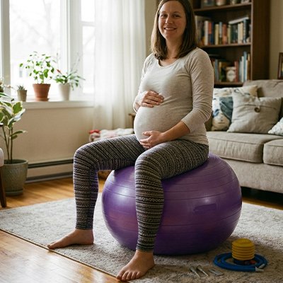 Femme enceinte dans un salon assise sur ballon de grossesse​ 