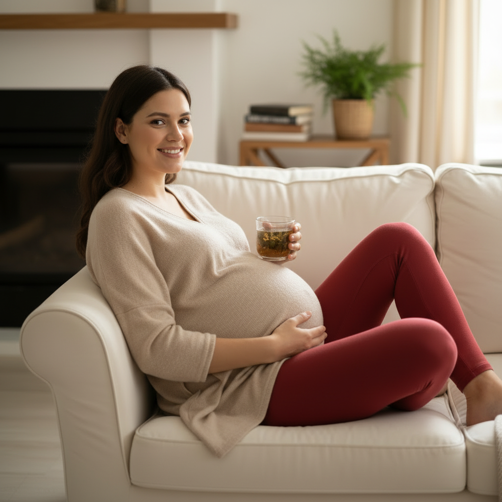 femme enceinte de 6 mois relaxant dans un legging rouge