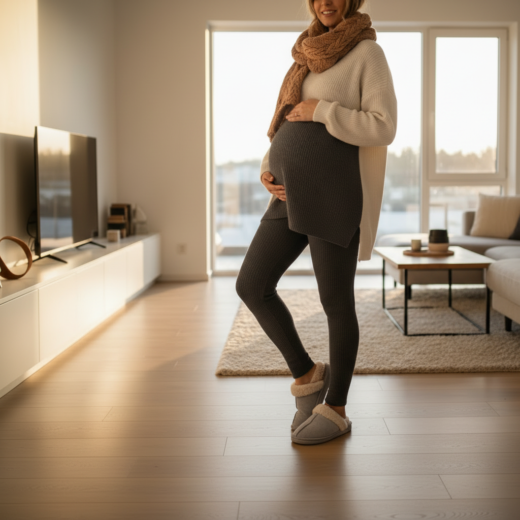 femme enceinte de six mois habille en legging hiver en cotton