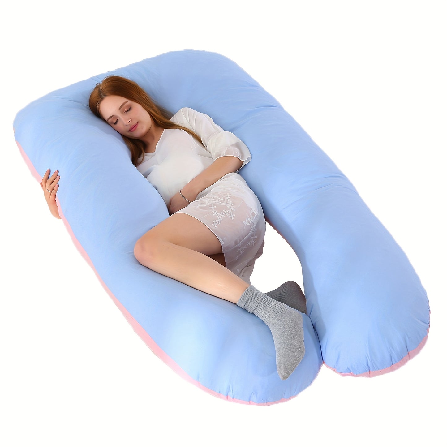 femme enceinte dort coussin de grossesse ergonomique bleu 