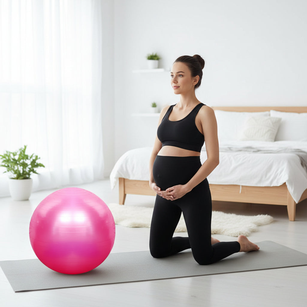femme enceinte en ettirement  a cote ballon pour grossesse rose pvc anti eclatement tenu de gym