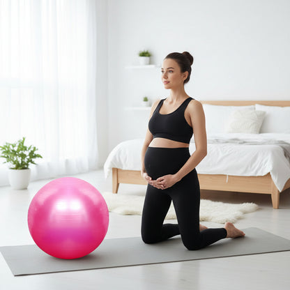 femme enceinte en ettirement  a cote ballon pour grossesse rose pvc anti eclatement tenu de gym