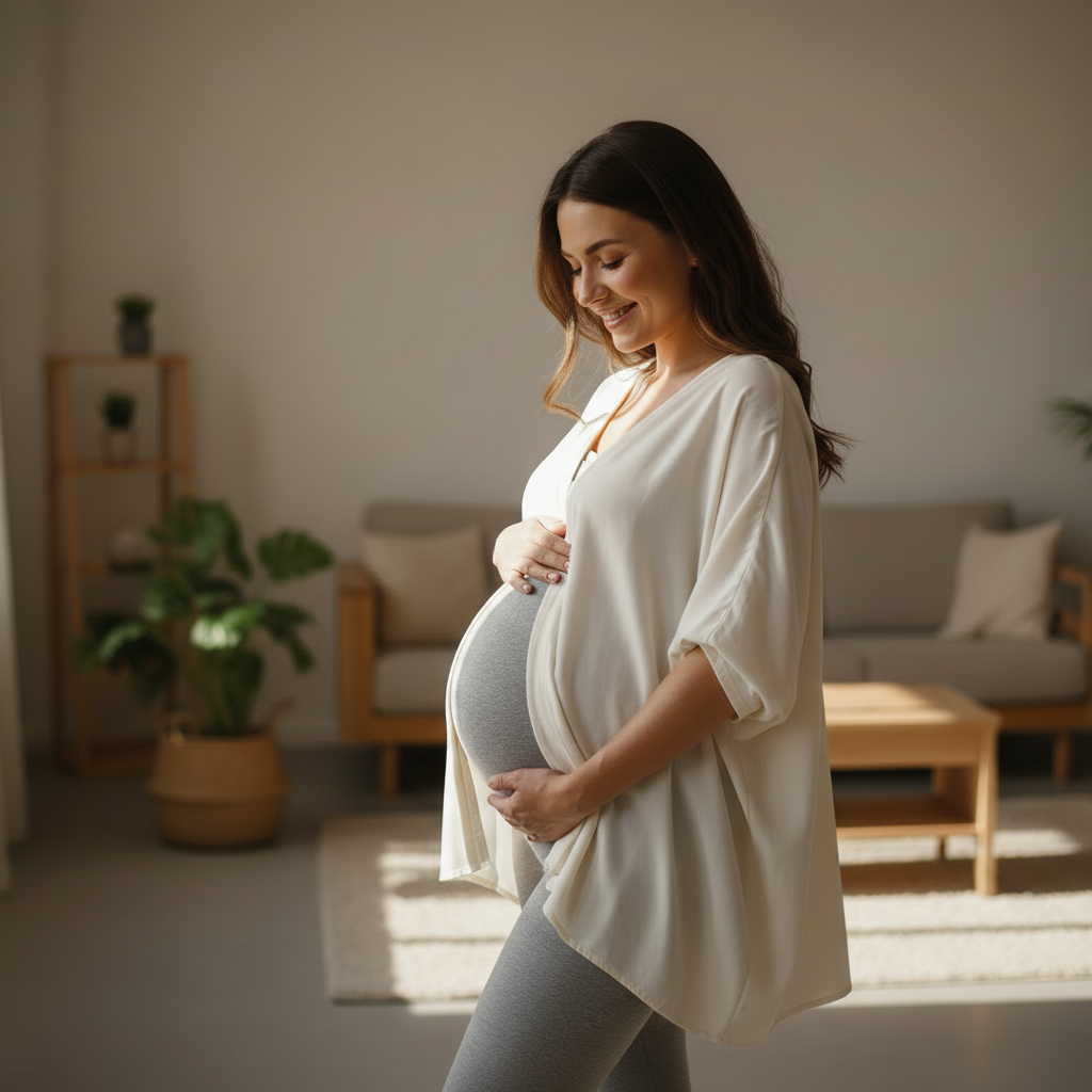femme enceinte legging de grossesse chambre main ventre hanches