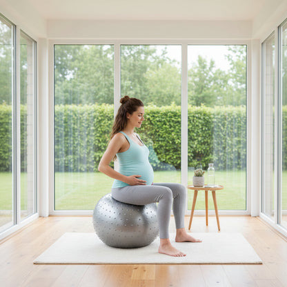 femme enceinte exercice prepaation accouchement dans veranda ballon grossesse pvc gris