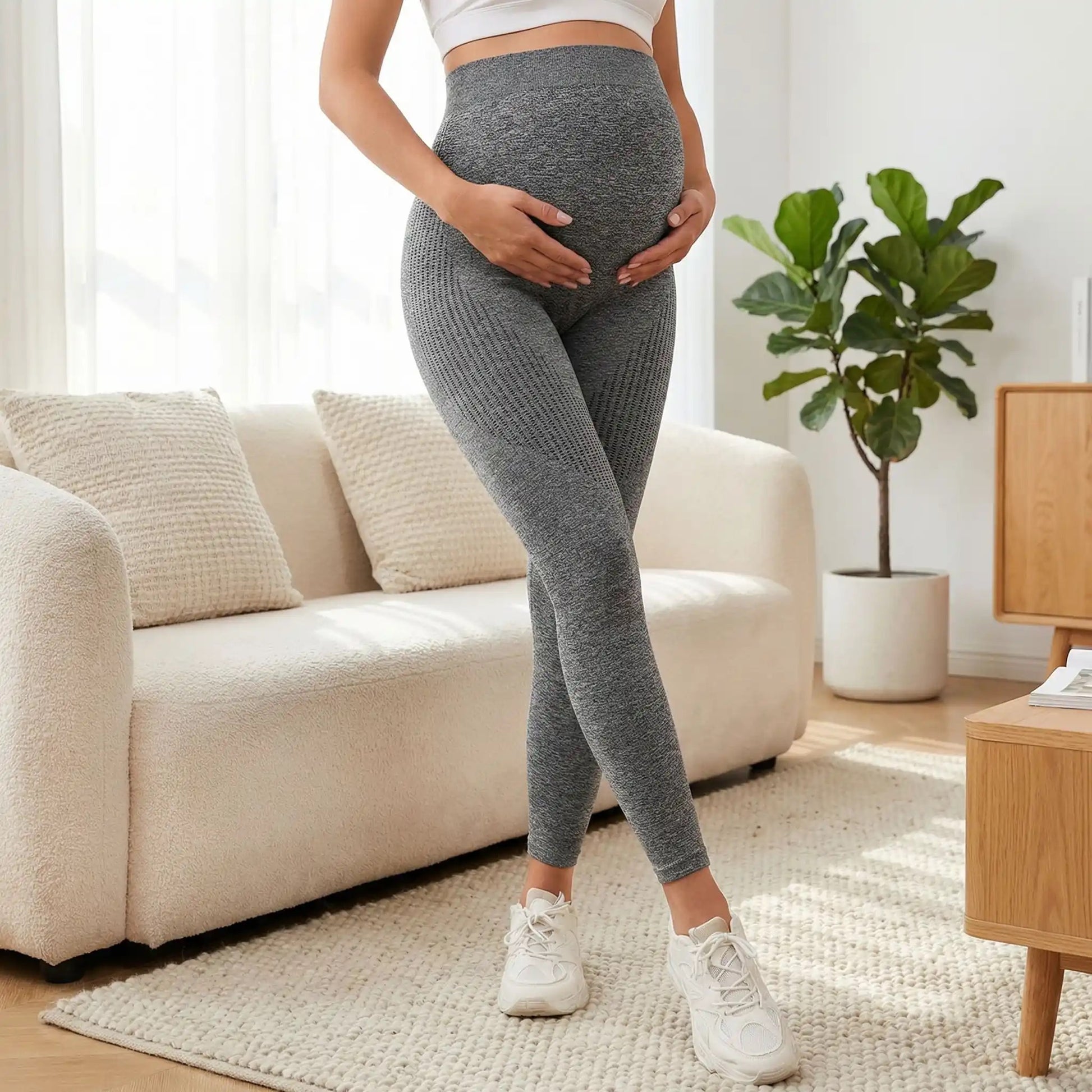 femme enceinte leggings de grossesse gris taille haute slim