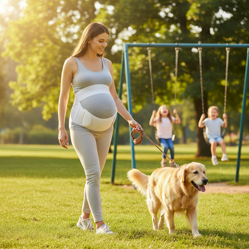 femme enceinte portant ceinture pour grossesse blanche en balade dans un parc avec son chien et deux enfants qui jouent sur balancoire