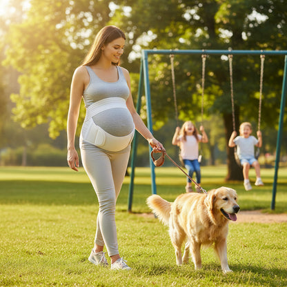 femme enceinte portant ceinture pour grossesse blanche en balade dans un parc avec son chien et deux enfants qui jouent sur balancoire