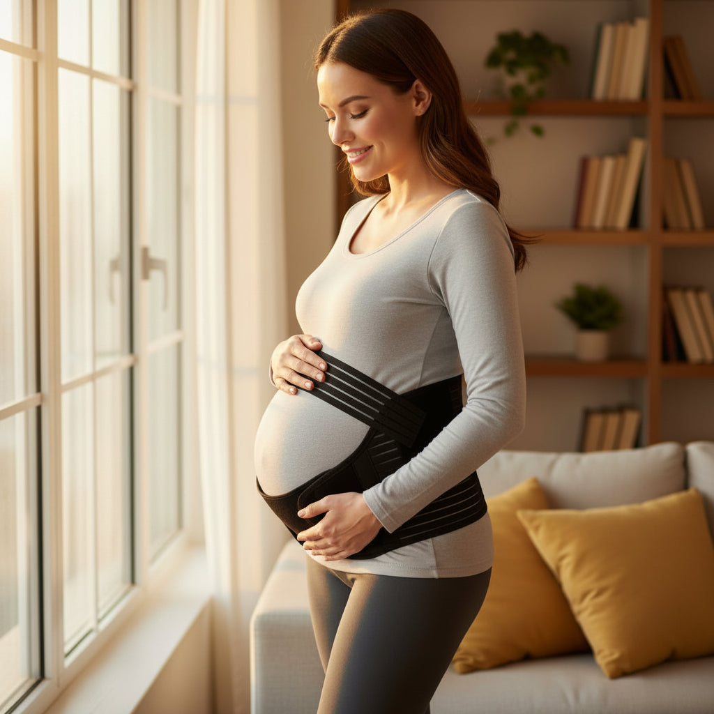 femme enceinte portant ceinture pour grossesse noire dans sa maison