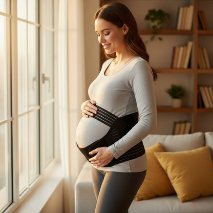 femme enceinte portant ceinture pour grossesse noire dans sa maison