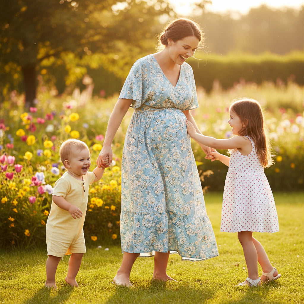 femme enceinte portant cullote grossesse dessus de sa robe jouant avec ses deux enfants dans le jardin 