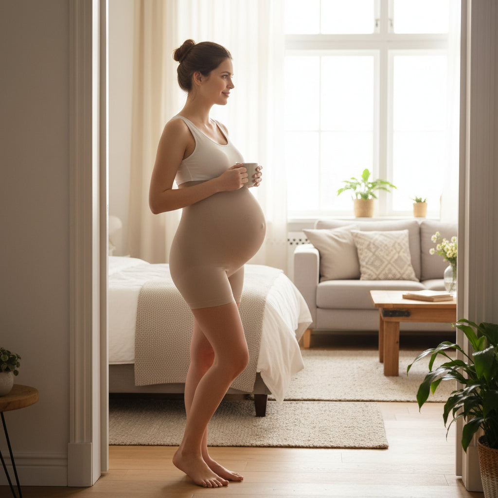 femme enceinte portant culotte contention beige  de grossesse dans sa chambre