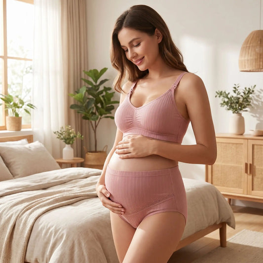 femme enceinte portant culotte grossesse coton dans chambre lit