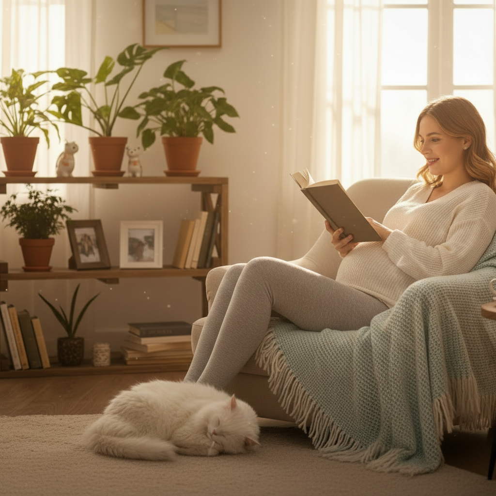 femme enceinte portant legging de grossesse gris detendu en lecture