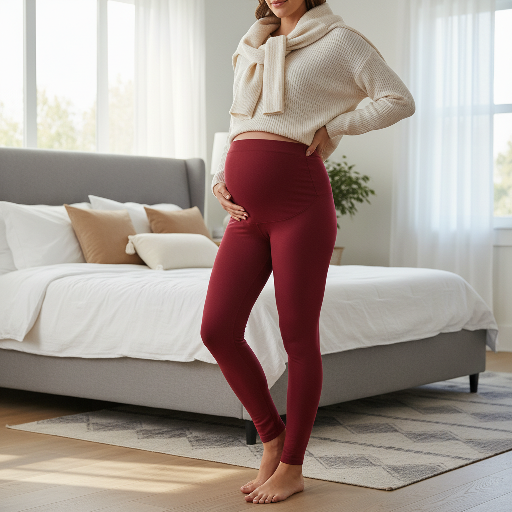 femme-enceinte-portant-legging-de-grossesse-rouge-bordeau-dans-sa-chambre-posant-pour-photo