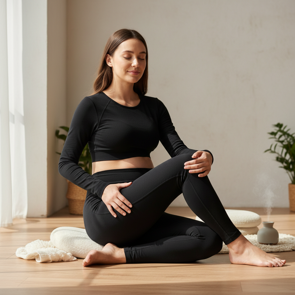 femme enceinte portant legging grossesse noir en yoga detendu