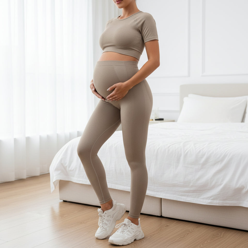 femme enceinte portant legging sport grossesse main ventre kaki