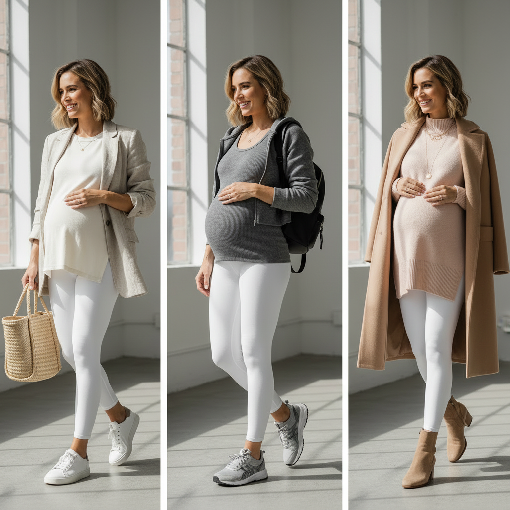 femme enceinte portant un legging de sport blanc qui se marie avec tout