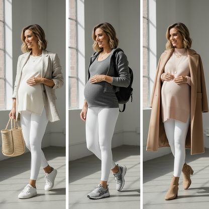 femme enceinte portant un legging de sport blanc qui se marie avec tout