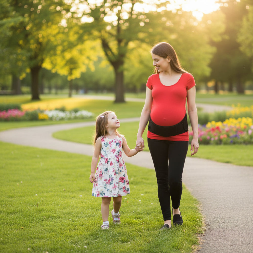 femme enceinte promenant sa fille de 4 ans dans un parc portant ceinture grossesse noire