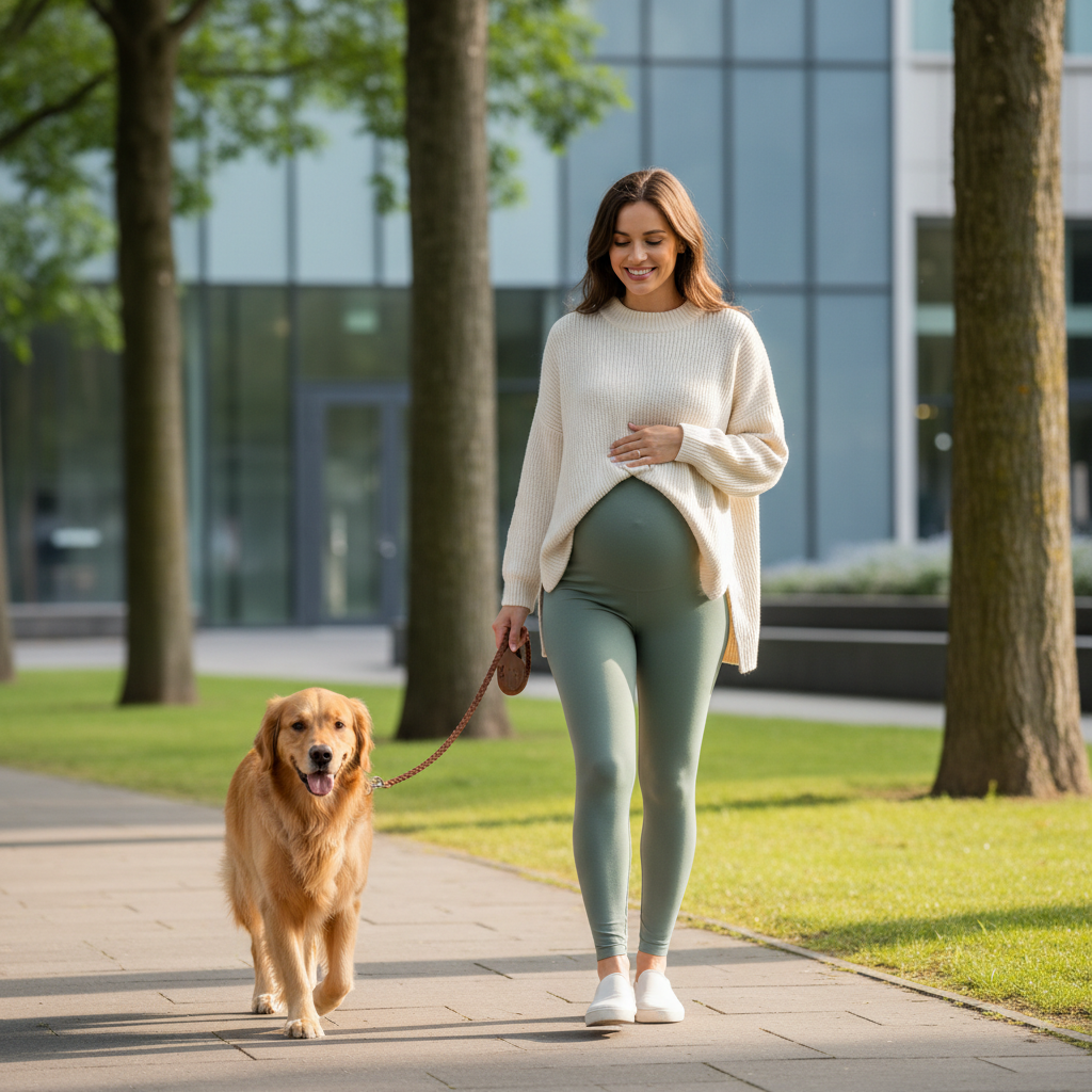 femme-enceinte-promenant-son-chien-portant-legging-de-grosse-vert-hopital