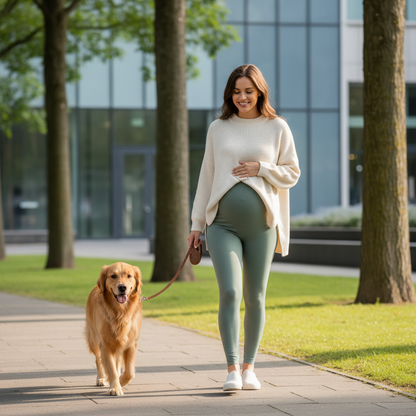 femme-enceinte-promenant-son-chien-portant-legging-de-grosse-vert-hopital