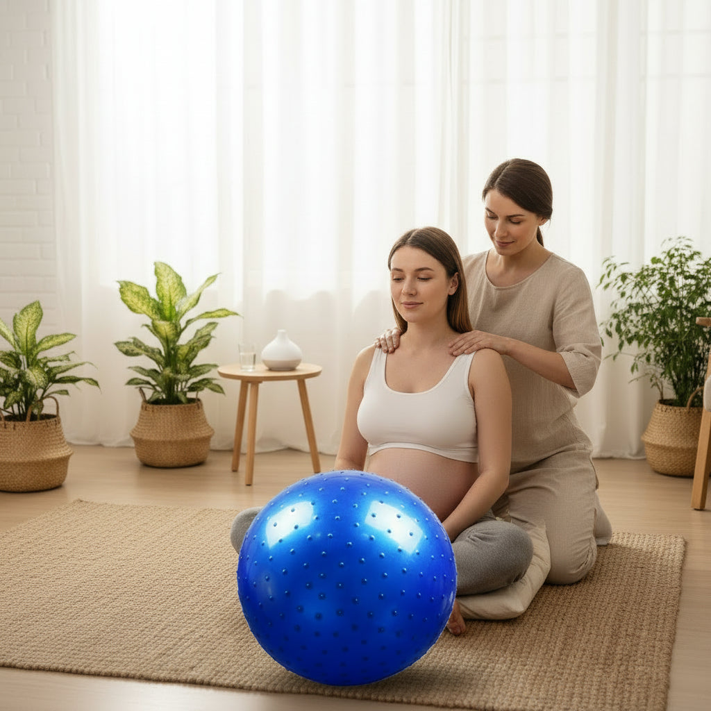 femme enceinte seance massage preparation accouchement dans chambre ballon grossesse pvc bleu