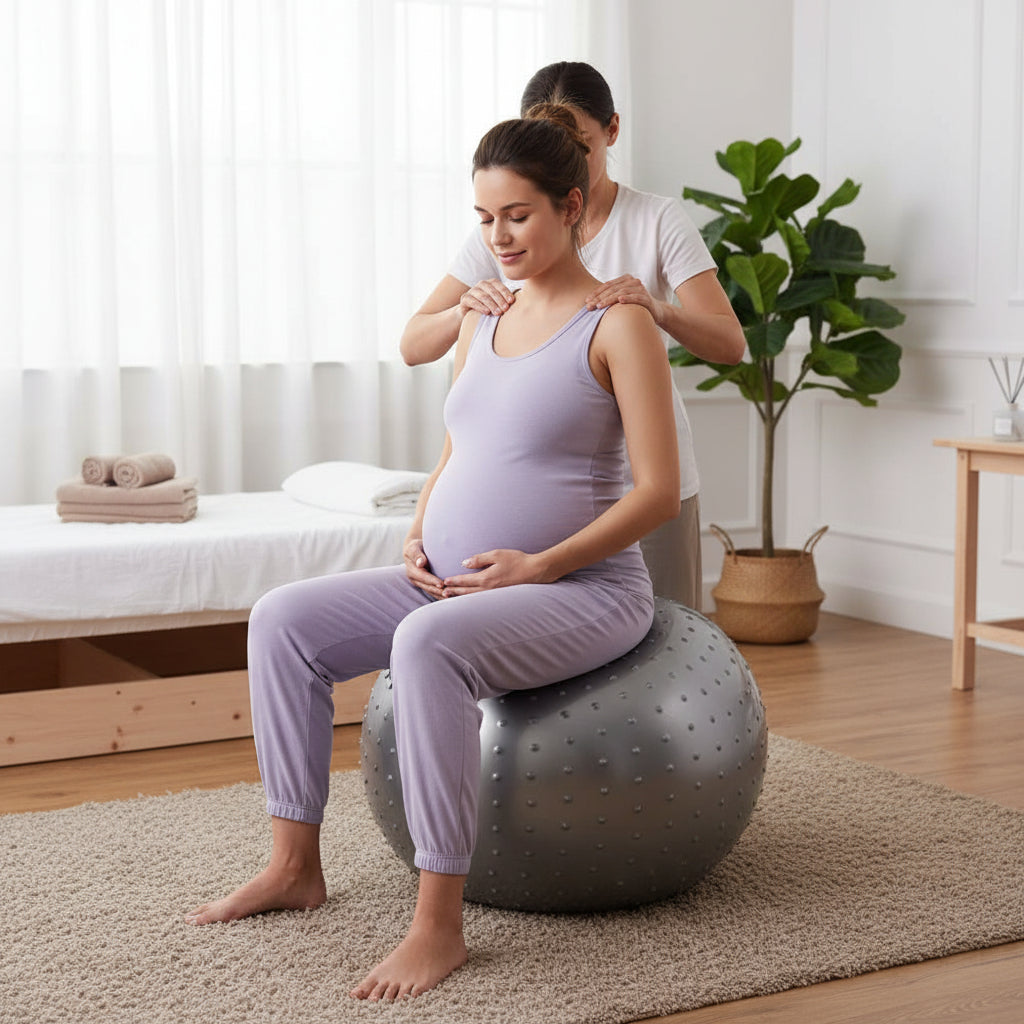 femme enceinte seance massage preparation accouchement dans chambre ballon grossesse pvc gris