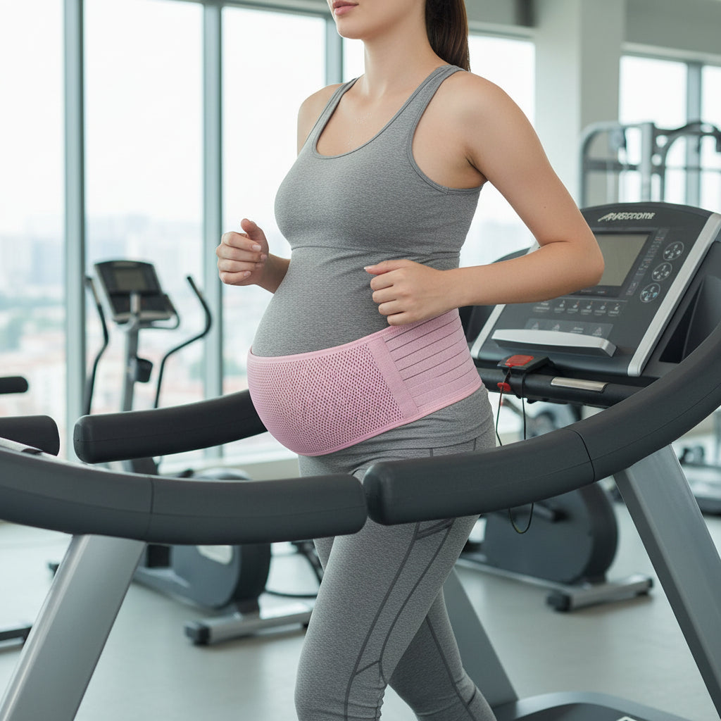 femme enceinte sur tapis roullant sport ceinture grossesse rose en salle de gym 