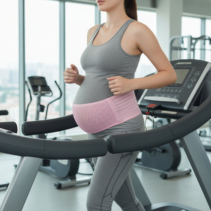 femme enceinte sur tapis roullant sport ceinture grossesse rose en salle de gym 