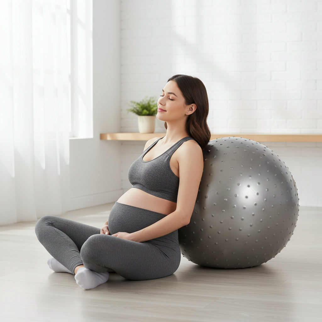 femme enceinte tenu sport en train de se masser ballon grossesse pvc